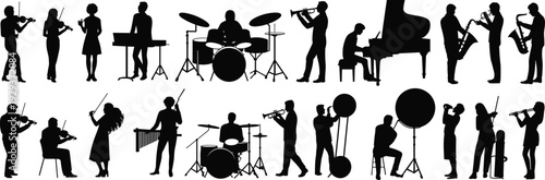 Silhouette orchestra musicians playing diverse instruments including piano, violin, trumpet, saxophone, drums, and percussion in dynamic ensemble performance illustration