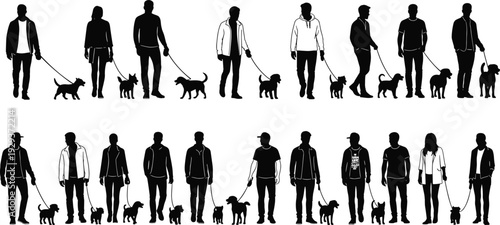 Silhouette Set of People Walking Dogs on Leashes Collection of Men and Women with Small and Medium Pets Isolated Icons