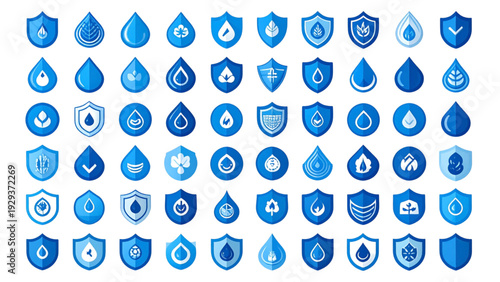 Waterproof and Water Resistant Protection Icon Set Flat Vector