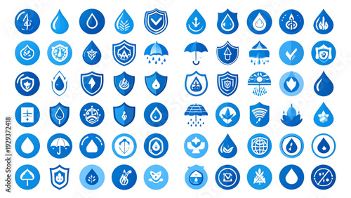 Waterproof and Water Resistant Protection Icon Set Flat Vector