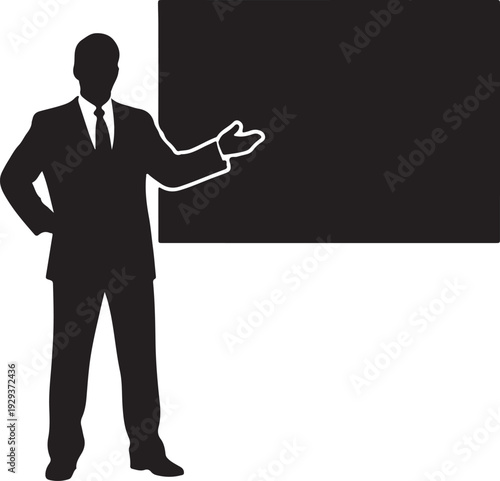 An illustrated 3d businessman in a black suit standing in an office and pointing at a blank board to symbolise company success