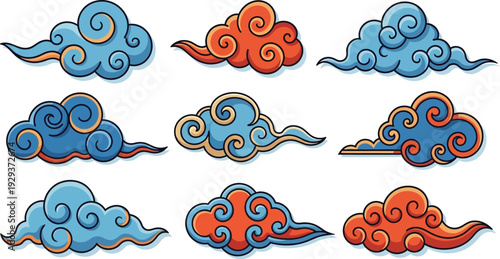Traditional oriental style clouds with swirl patterns in blue and orange