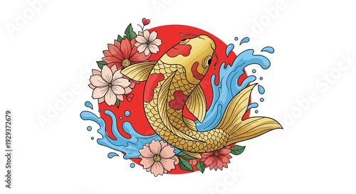 Golden Koi Fish with Cherry Blossoms and Red Sun Circle