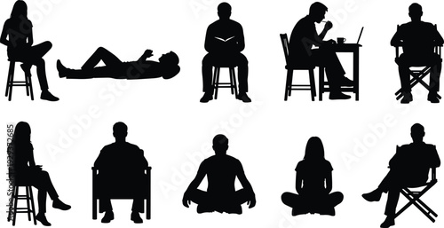 Sitting People Silhouettes Vector Set Featuring Men and Women Relaxing Reading Working and Meditating in Diverse Poses by flavectorSitting People Silhouettes Vector Set Featuring Men and Women 