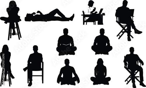 Sitting People Silhouettes Vector Set Collection Featuring Men and Women Relaxing Reading Working and Meditating in Diverse Poses by flavector