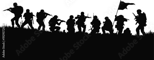 Soldier silhouette vector illustration showing combat poses with rifles and flag on grassy terrain, symbolizing military teamwork, warfare, and patriotism.