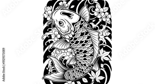 Traditional Japanese Koi Fish and Cherry Blossom Tattoo Art