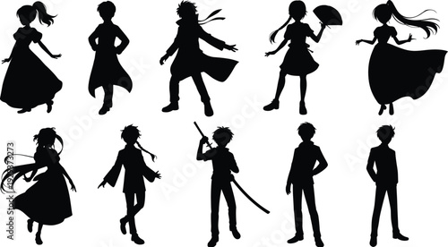 Vector illustration of anime character silhouettes in dynamic poses with accessories, showcasing expressive movement, creativity, personality, and artistic design.