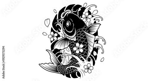Japanese Koi Fish Tattoo Design with Cherry Blossoms and Waves