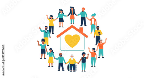 Diverse Community United Around a Home with Heart Icon - Inclusion, Support, Love & Belonging