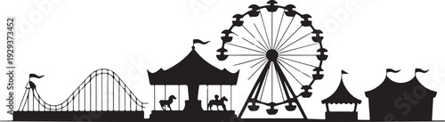 Black silhouette amusement park rides on white background