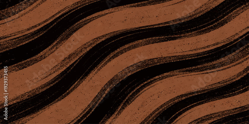 A close-up of dark chocolate brown leather texture and smooth satin fabric waves featuring a shiny liquid flow design with soft silk curves and a wavy material pattern for a luxurious backdrop