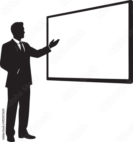 A professional businessman in a suit stands in an office holding and pointing at a blank presentation board with space for a success message