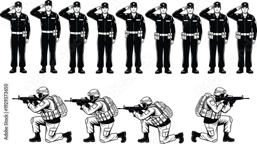 Vector illustration of military personnel saluting in formation and soldiers kneeling with rifles, representing discipline, combat readiness, and patriotism.