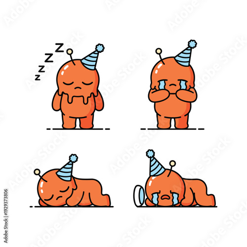 Tired orange character feeling exhausted and sleeping with party hat on