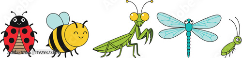Cute Insects Vector Set – Ladybug, Bee, Praying Mantis, Dragonfly, and Grasshopper for Kids' Nature and Garden Designs