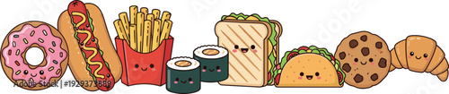 Cute Kawaii Fast Food Cartoon Set with Donut Hotdog Fries Sushi Sandwich Taco Cookie and Croissant Vector Illustration