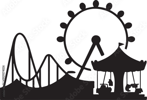 Black silhouette amusement park rides white background