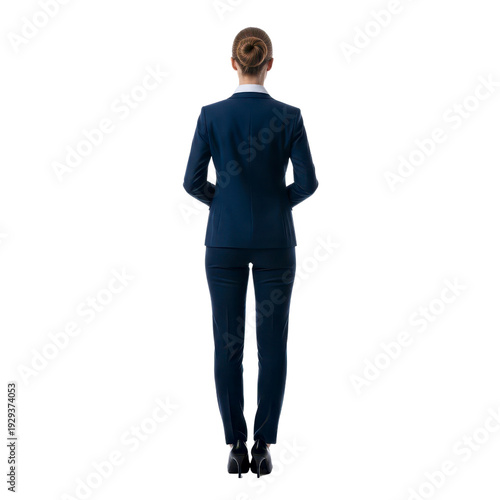 Woman in suit standing backwards from front view