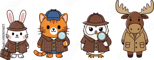 Cute Detective Animals Vector Set Featuring Rabbit, Cat, Owl, and Moose in Sherlock Style Costumes for Kids Illustrations and Storybook Designs