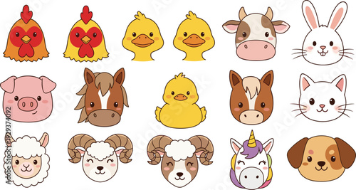 Cute Farm Animal Faces Vector Set featuring Chicken, Duck, Pig, Cow, Rabbit, Horse, Lamb, Ram, Unicorn, and Dog for Kids' Designs