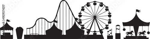 Black silhouette amusement park white background roller coaster