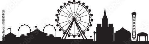 Black silhouette amusement park with ferris wheel and city skyline