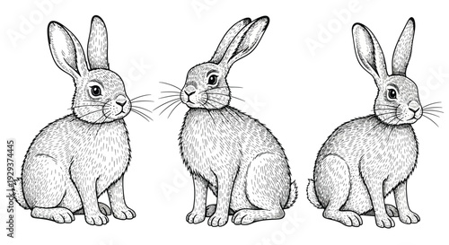 Three hand drawn rabbits in black and white sketch style