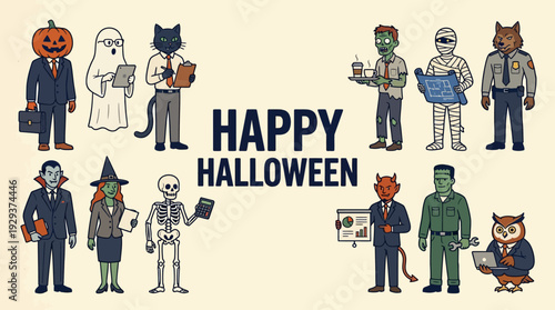 Happy Halloween Business Professionals: Spooky Characters at Work - Monsters, Witch, Zombie, Vampire, Ghost Team Illustration