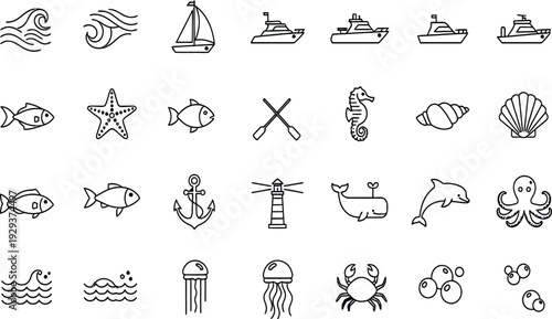 Professional vector icon set of nautical and marine symbols and logos