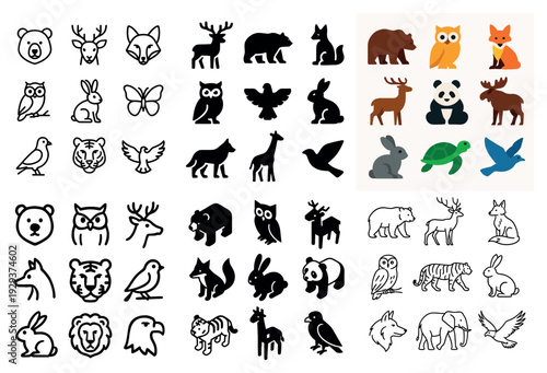 Various animal silhouettes and outlined mascot icons appear