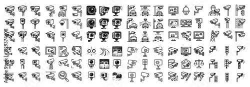 Large sheet of black line surveillance and security icons.