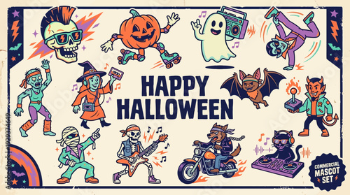 Happy Halloween Retro Party Mascots Set with Vintage Cartoon Monsters & Spooky Characters - Fun Holiday Celebration Illustration