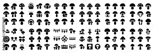 Silhouetted mushroom icons in various shapes and species.