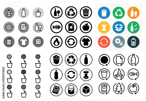 Recycling and waste icons showing containers and symbols.