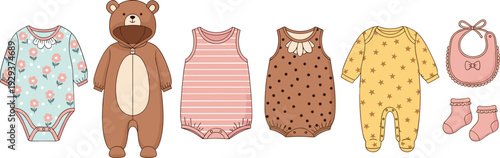 Cute Baby Clothes and Onesies Set with Bear Costume, Bibs, and Socks for Baby Shower, Toddler Fashion, and Nursery Designs