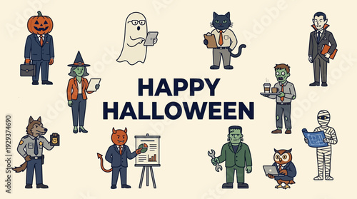 Happy Halloween Office Characters - Funny Business Professionals in Spooky Costumes