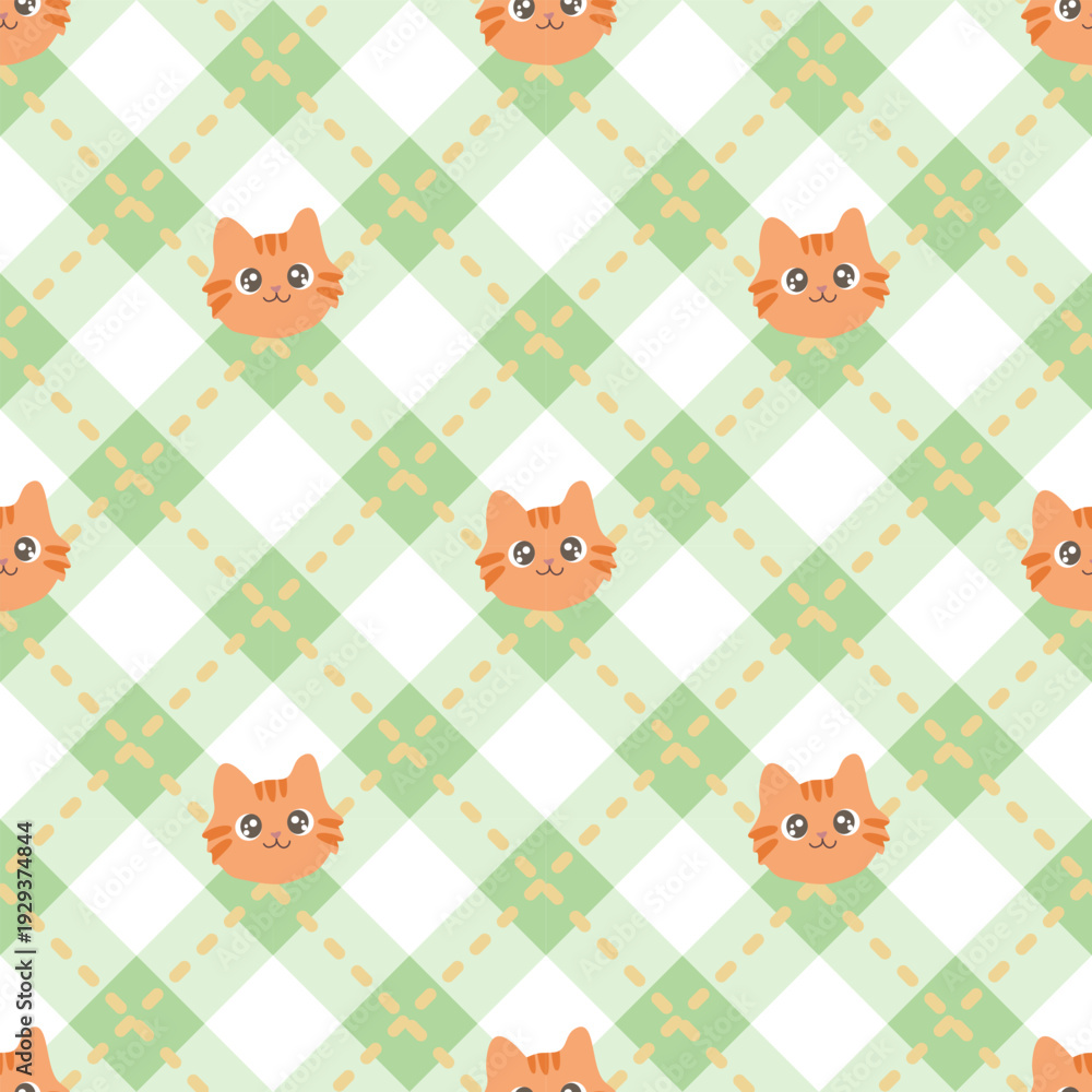 Obraz premium Cute Orange Cat Seamless Pattern on Pastel Green Checkered Background