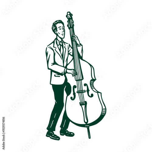 Double Bass Player Performance – Vintage Music Line Art Vector