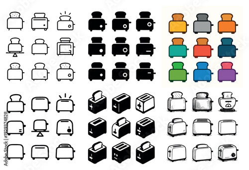 Assorted toaster icons and toast illustrations