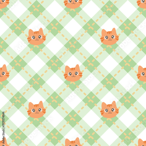Cute Orange Cat Seamless Pattern on Pastel Green Checkered Background