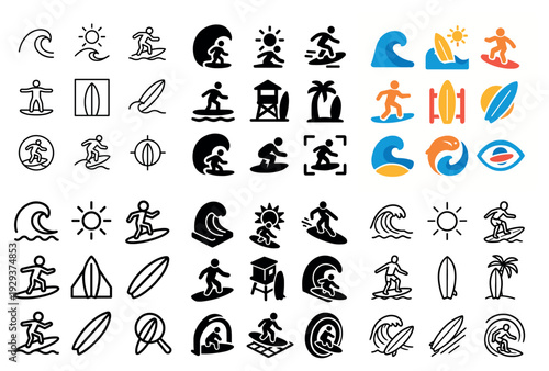 Black and outline surfing and ocean icons.