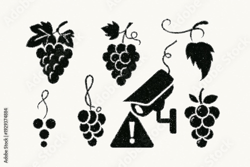 Minimalist Vineyard Security Icons Featuring Grapes and Surveillance Camera Silhouette