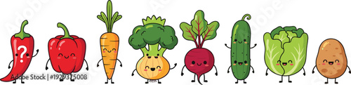 Adorable Vegetables Vector Set – Carrot, Broccoli, Pepper, Potato, Cucumber, and More with Smiling Faces for Kids’ Food and Garden Designs