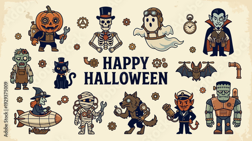 Happy Halloween Steampunk Characters Set - Retro Cartoon Illustration with Pumpkin, Vampire, Zombie, Ghost, Witch, Skeleton, Werewolf, Devil & Mummy.