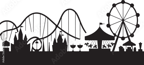 Black silhouette amusement park with ferris wheel and roller coaster