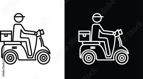 Delivery man riding motorcycle icon pack in black and white colors