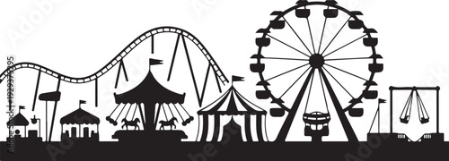 Black silhouette amusement park with ferris wheel and roller coaster