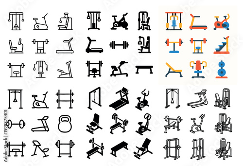 Detailed gym equipment icons with bold outlines and color.