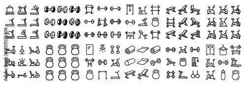 Various gym equipment icons in simple line style.